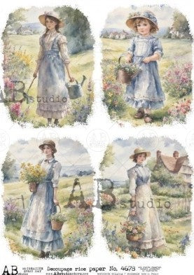 young adult girls in purple easter dresses and hats with yellow flowers on a farm AB Studio Rice Papers