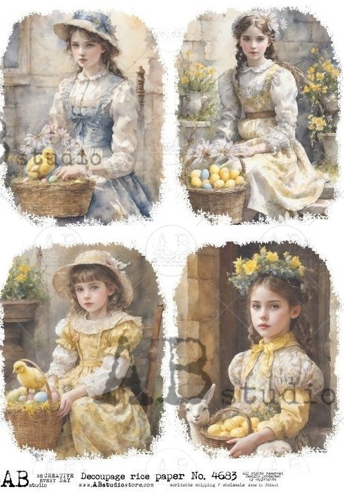 young girls in vintage blue and yellow dresses with easter baskets and yellow flowers and yellow chicks AB Studio Rice Papers