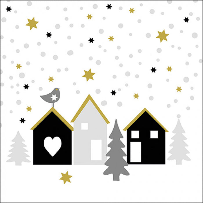 black and white houses on white snow and silver trees with black and gold stars and white snowflakes on white Decoupage Napkins