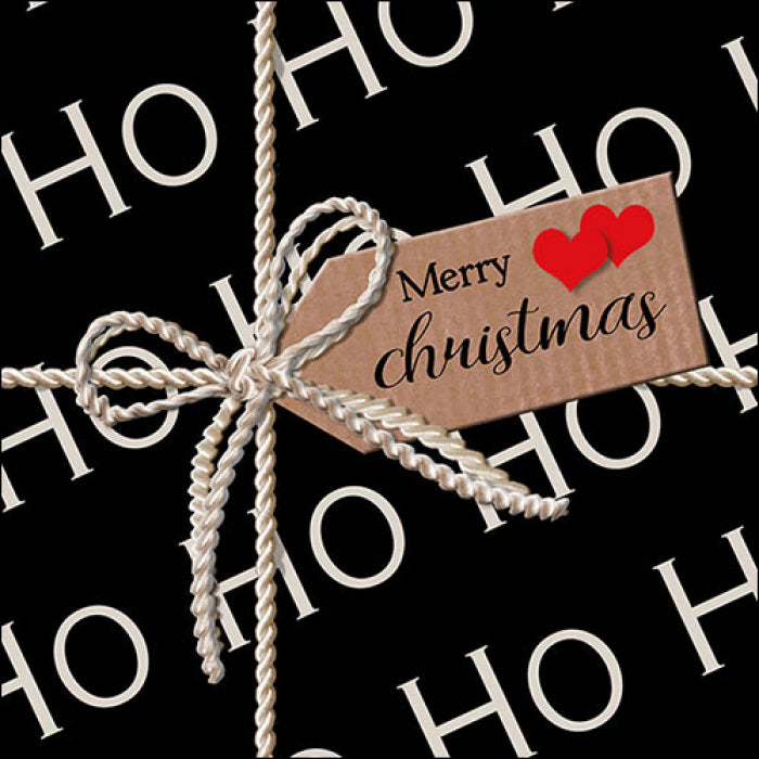 black christmas present with white HO HO Ho script and white twine.  brown merry christmas card with red hearts Decoupage Napkins