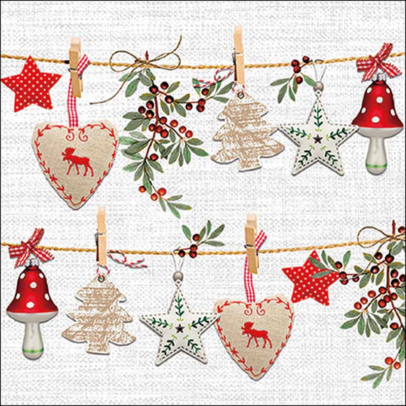 christmas ornaments hanging from a string, a gold tree, red and white stars, white heats with red stags and mistletoe with red berries Decoupage Napkins