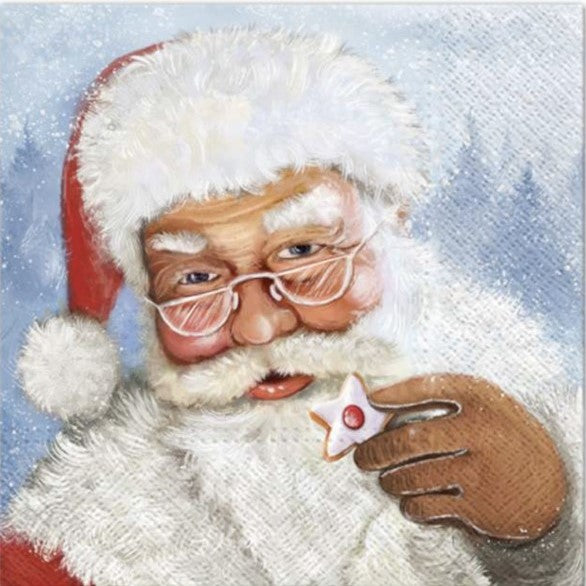 santa holding a gingerbread star cookie with white frosting and red  candy center on whte Decoupage Napkins
