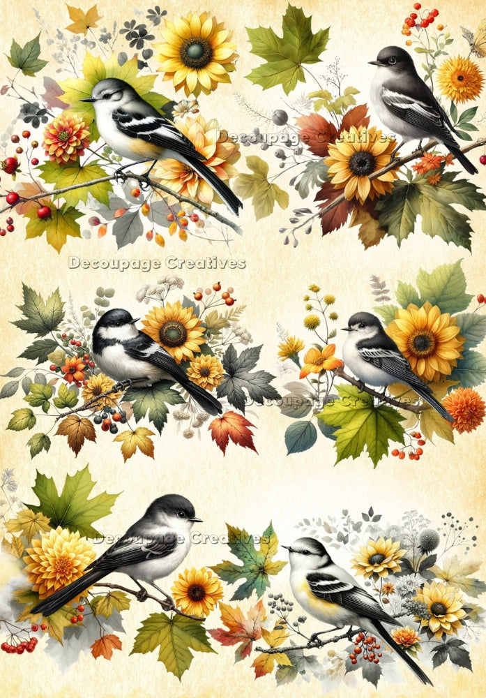 black and whtie birds on a branches with sun flowers and orange blossoms Decoupage Creatives Rice Paper