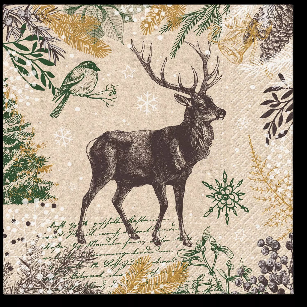 brown stag with christmas decorations of gold green and purples with green script on sepia Decoupage Napkins