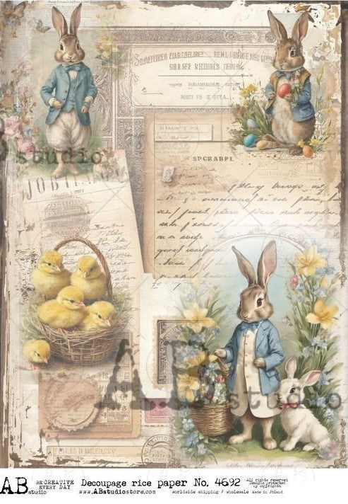 rabbits in vintage clothes with easter eggs and yellow chicks in baskets  AB Studio Rice Papers