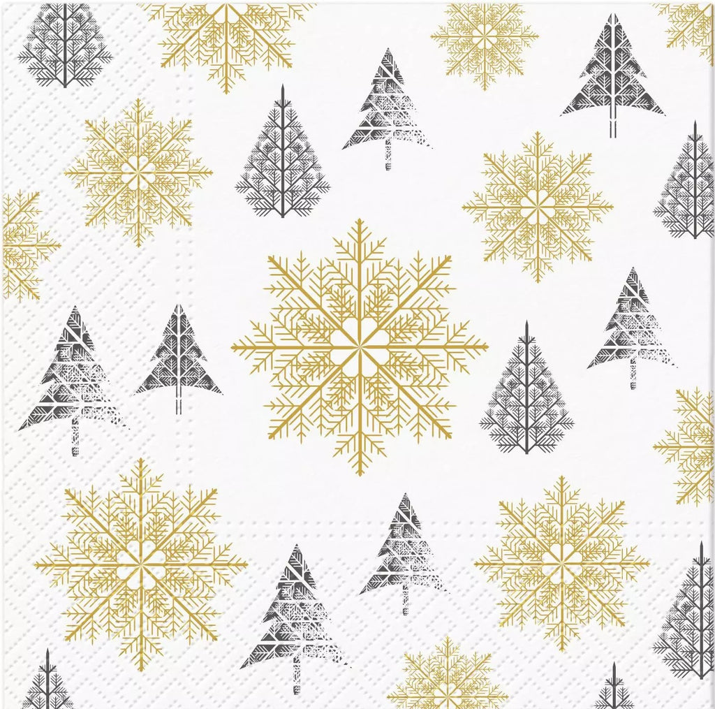 black christmas trees and gold snowflakes on white Decoupage Napkins