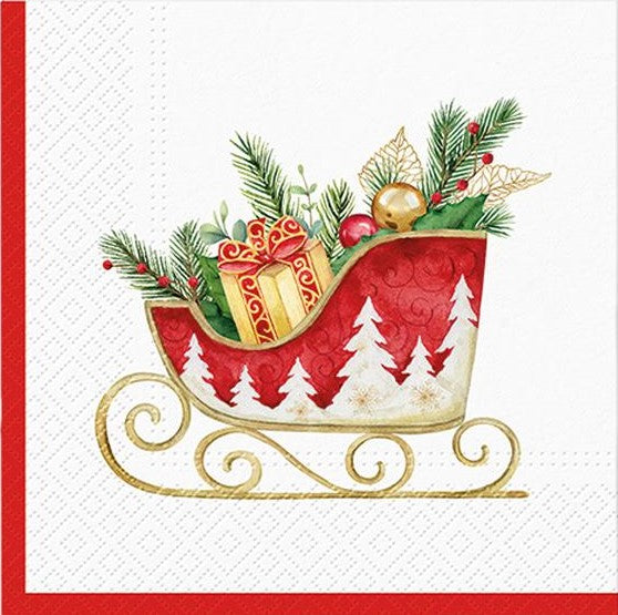 red christmas sleigh filled with presents and christmas decoration of red and gold Decoupage Napkins