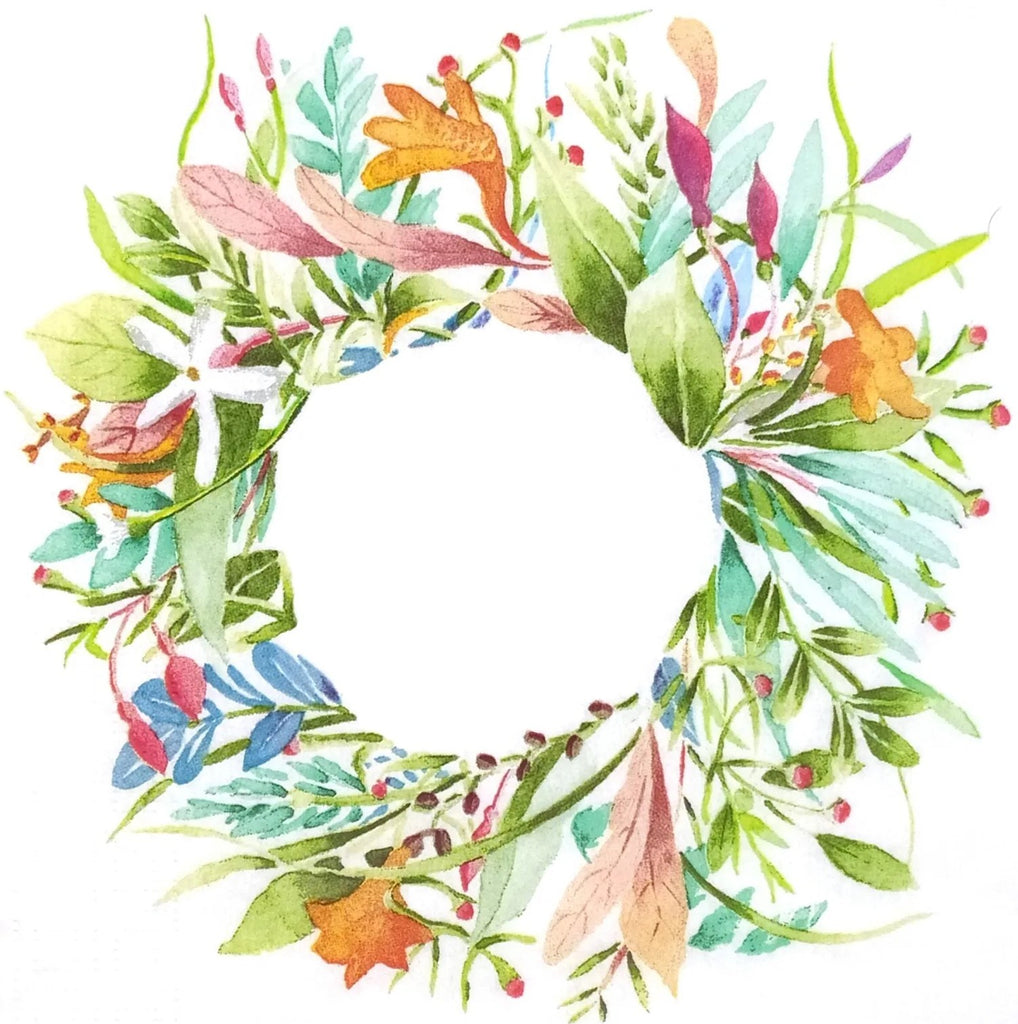 multi- colored wreath or blue pink orange and green on white Decoupage Napkins