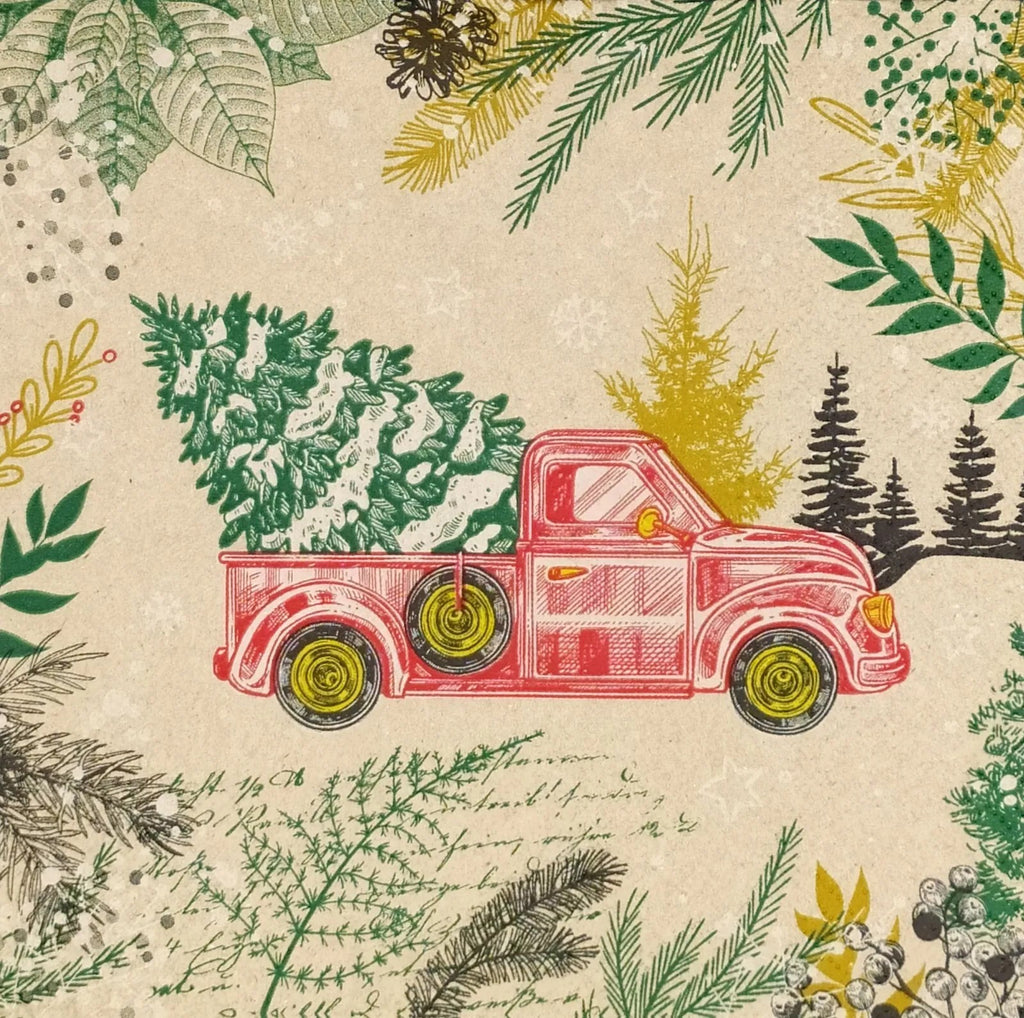 red truck with green christmas tree with yellow and green trees on sepia Decoupage Napkins