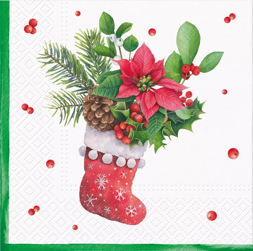 red christmas sock filled with red poinsettia and red berries Decoupage Napkins