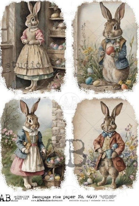 easter bunnies in vintage clothes and easter eggs AB Studio Rice Papers