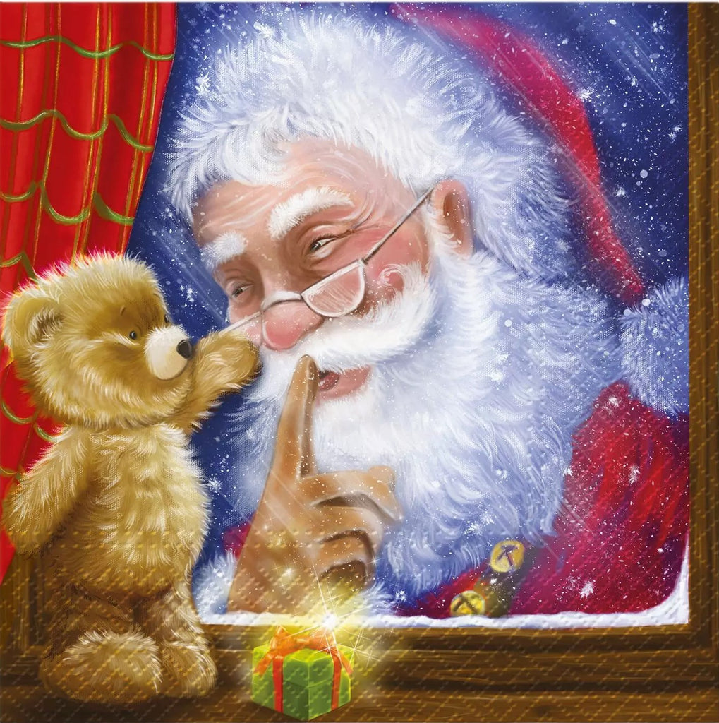 Santa in a window in the window hushing a teddy bear Decoupage Napkins