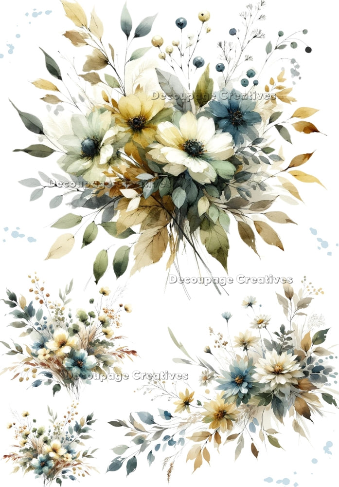 white yellow and blue flowers with leaves Decoupage Creatives Rice Paper