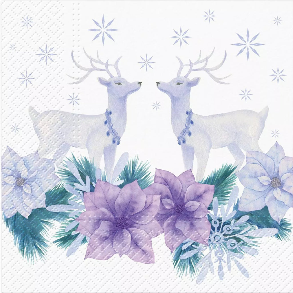 2 white deer with purple poinsettia and silver starflakes  Decoupage Napkins