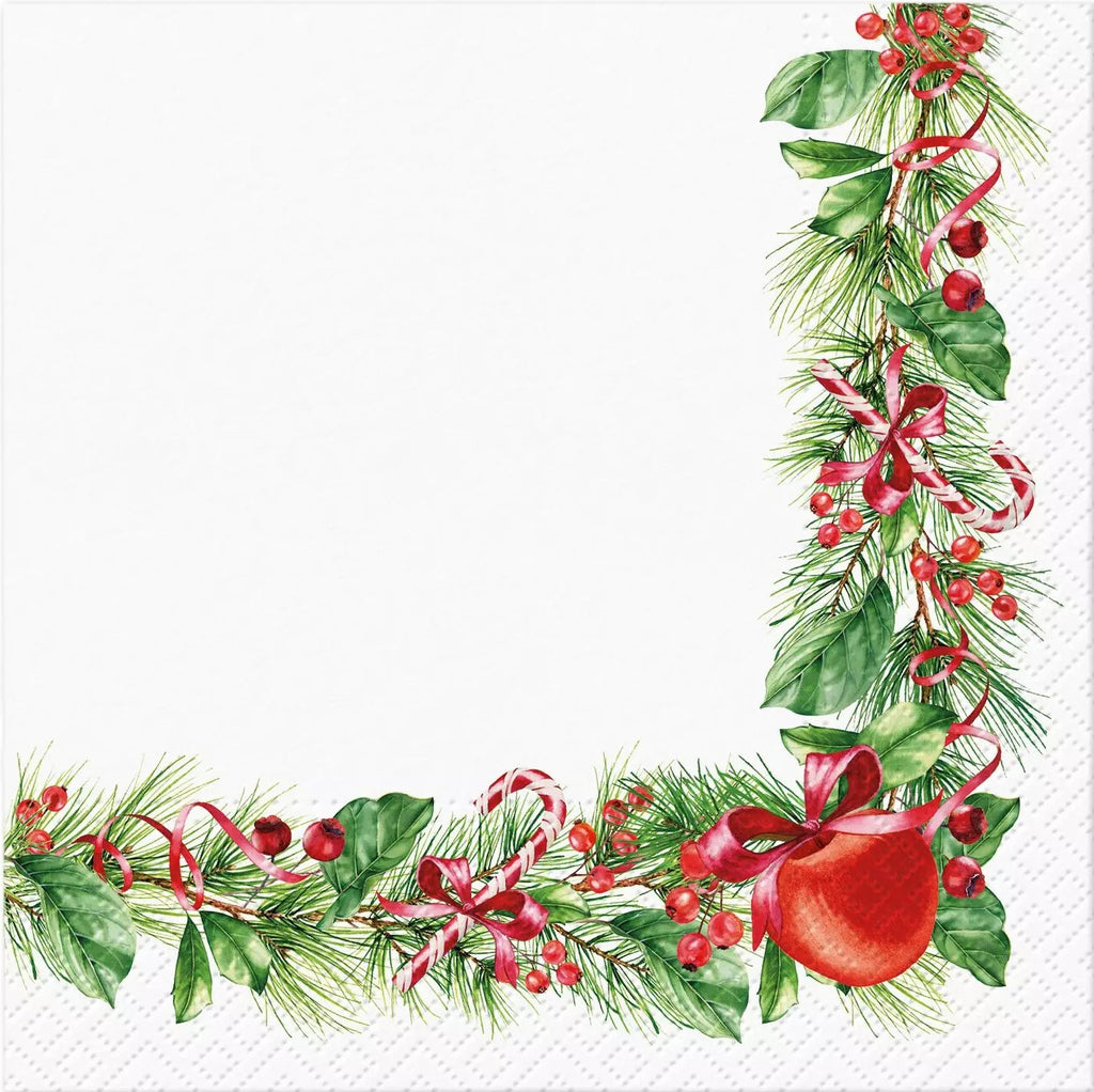 Christmas garland in a square frame with red apple and candy canes Decoupage Napkins