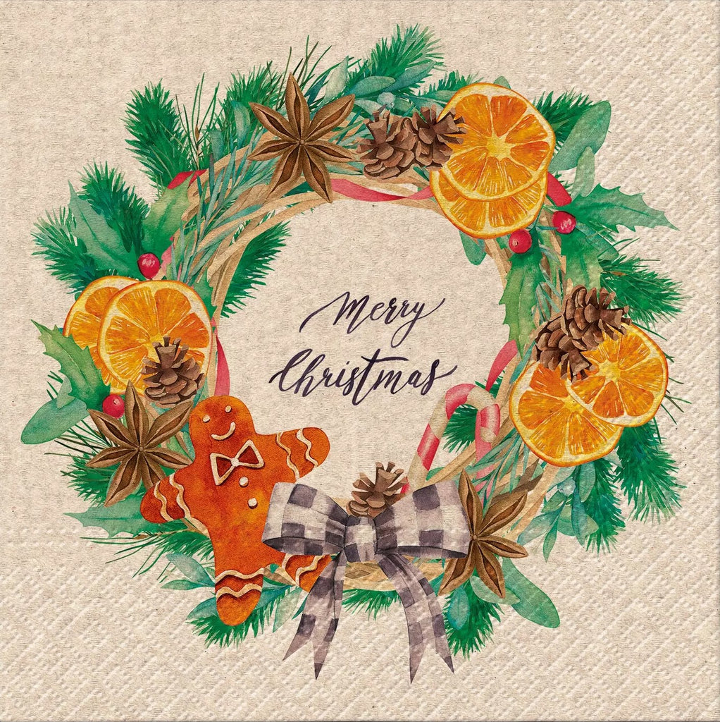 Christmas wreath with orange slices and gingerbread man with merry christmas script in middle on sepia Decoupage Napkins