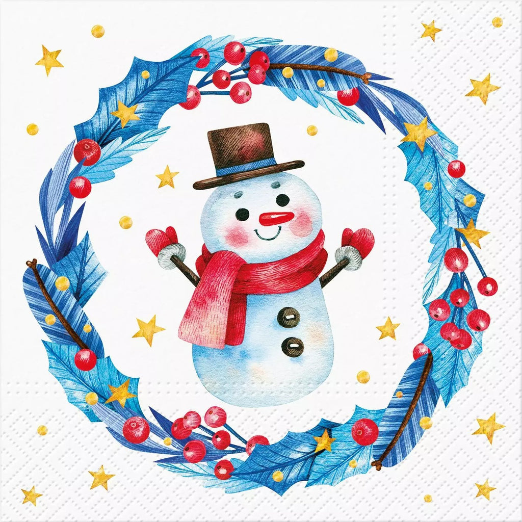 white snowman with red cheeks and red scarf in blue wreath with red berries and yellow stars on whtie Decoupage Napkins