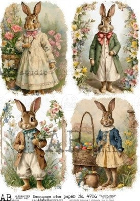 Rabbits dressed in vintage clothes and flowers AB Studio Rice Papers
