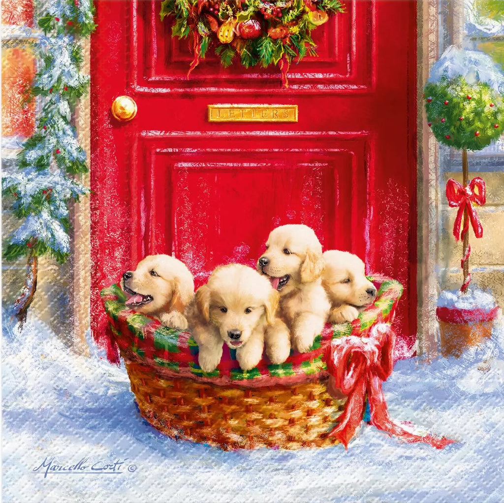yellow puppies in a basket in front of the red door in the white snow Decoupage Napkins