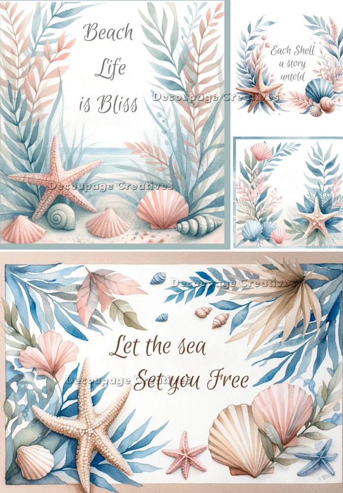 sea shells under water in pink and blue with beach life sayings Decoupage Creatives Rice Paper