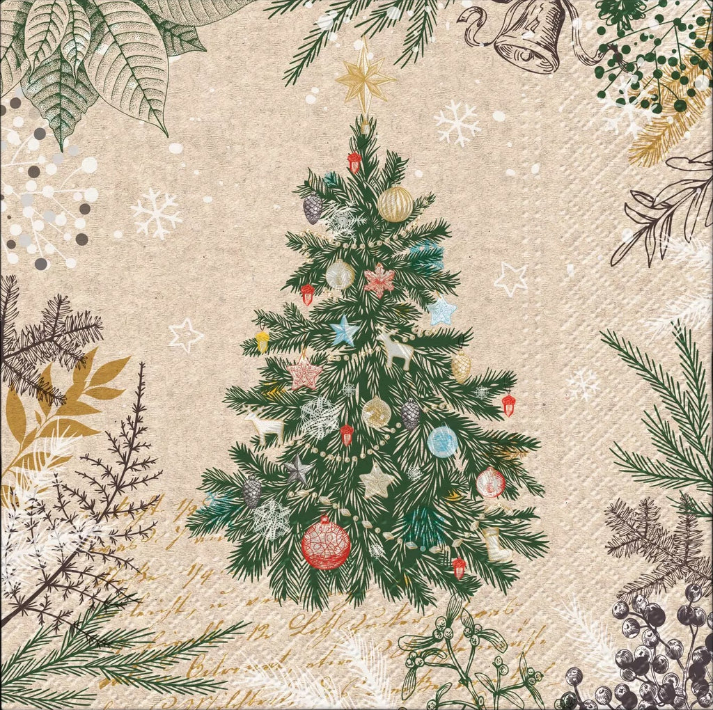 green christmas tree surrounded by christmas decorations on sepia Decoupage Napkins