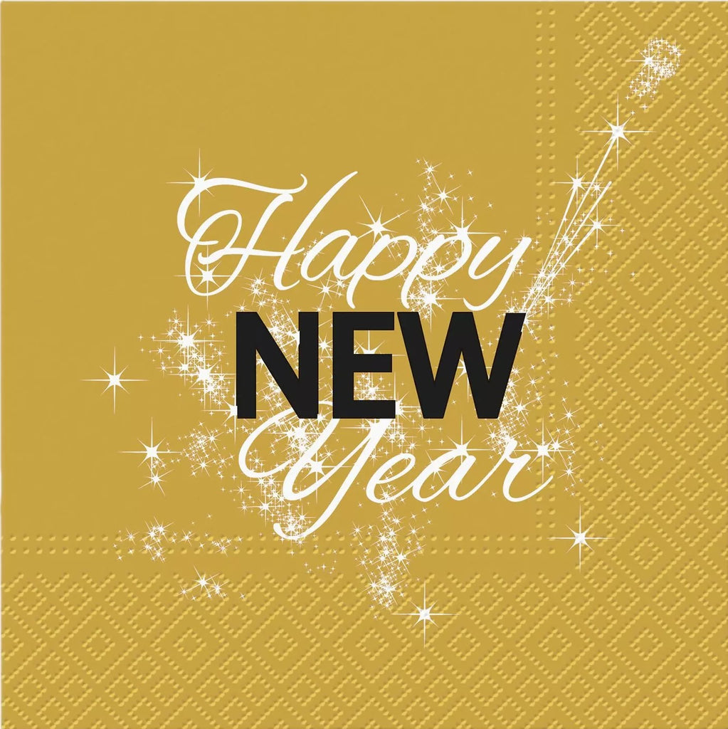 happy new year script in gold and black on gold with white fireworks Decoupage Napkins