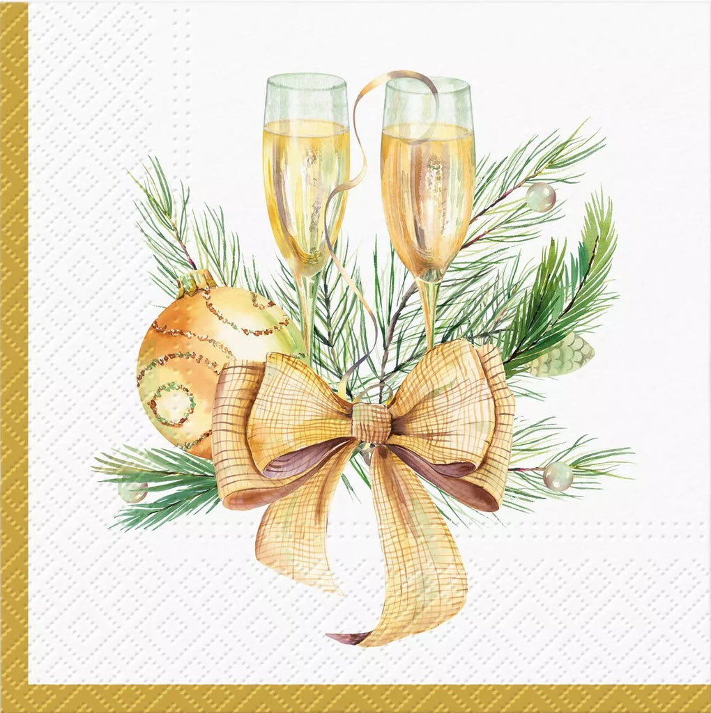 gold champagne with a gold bauble with gold ribbon and green springs on white Decoupage Napkins