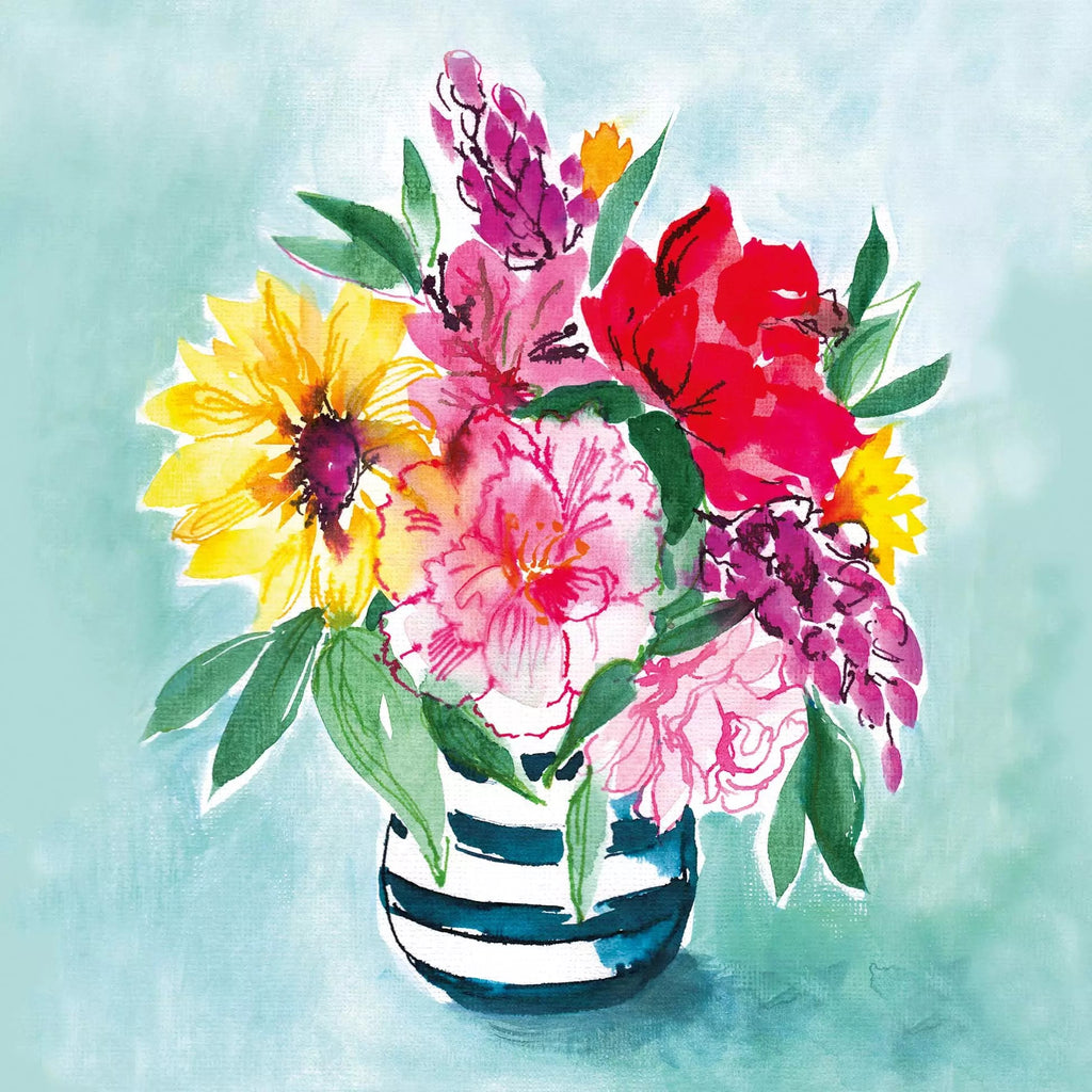 watercolor flowers of yellow pink and red in a blue and white stripe vase on blue Decoupage Napkins