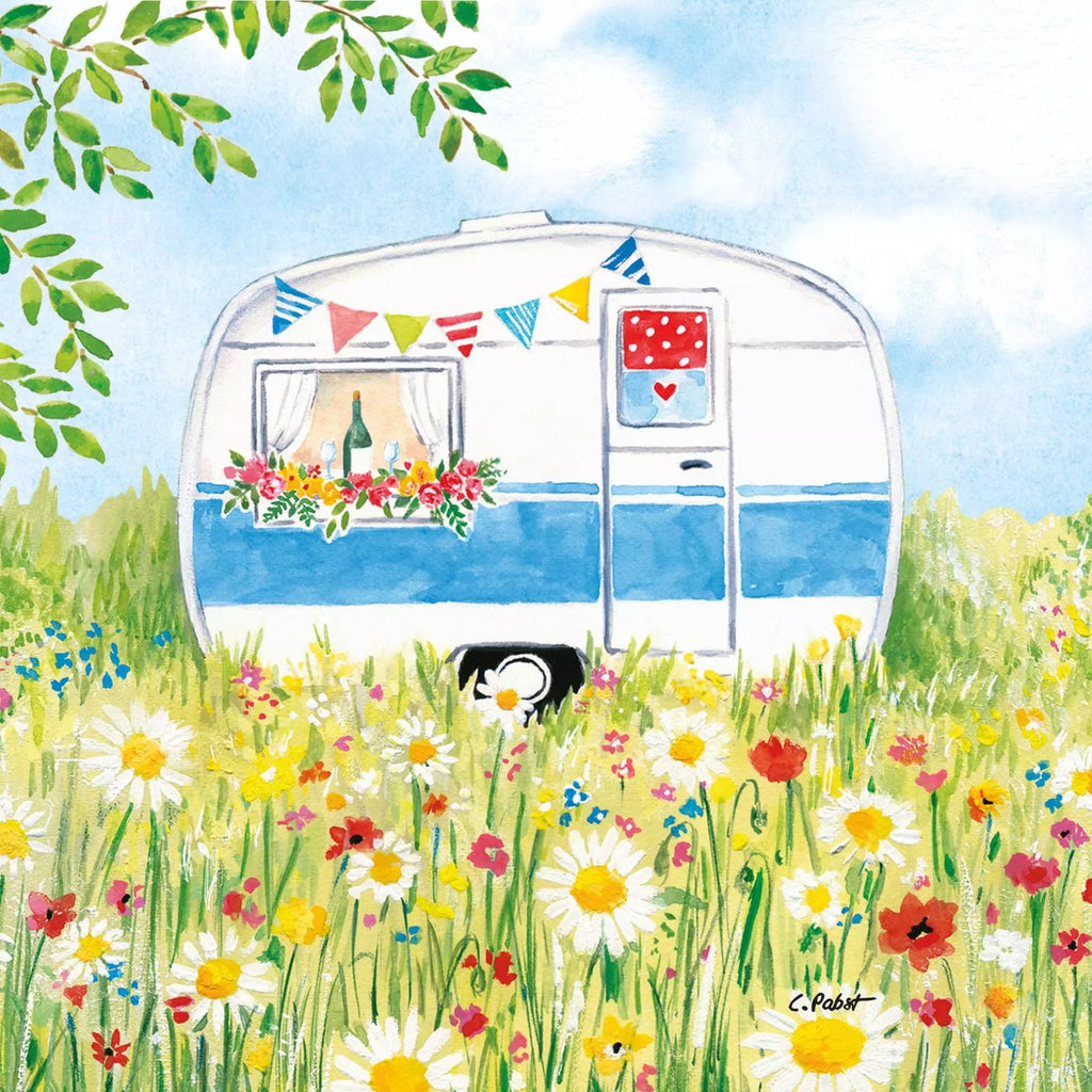 white in blue camper in a field of spring flowers Decoupage Napkins