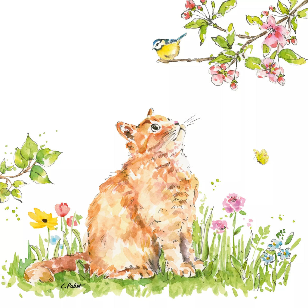 a yellow cat looking at a yellow bird in a tree in watercolor Decoupage Napkins