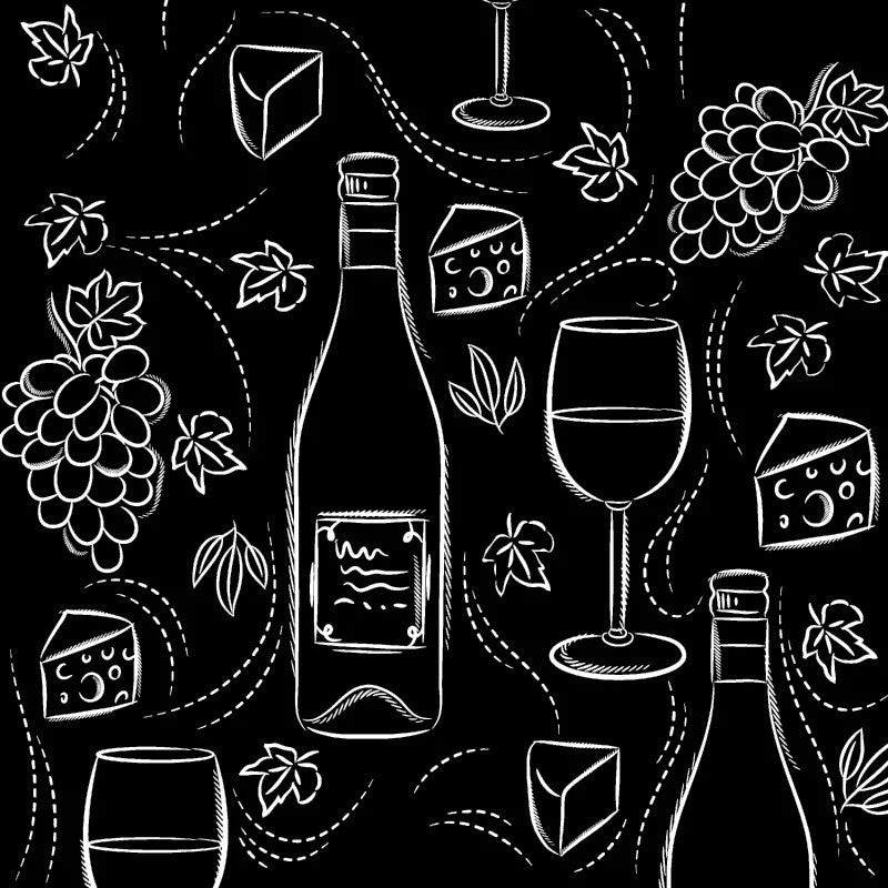 white sketches of wine and cheese settings on black Decoupage Napkins