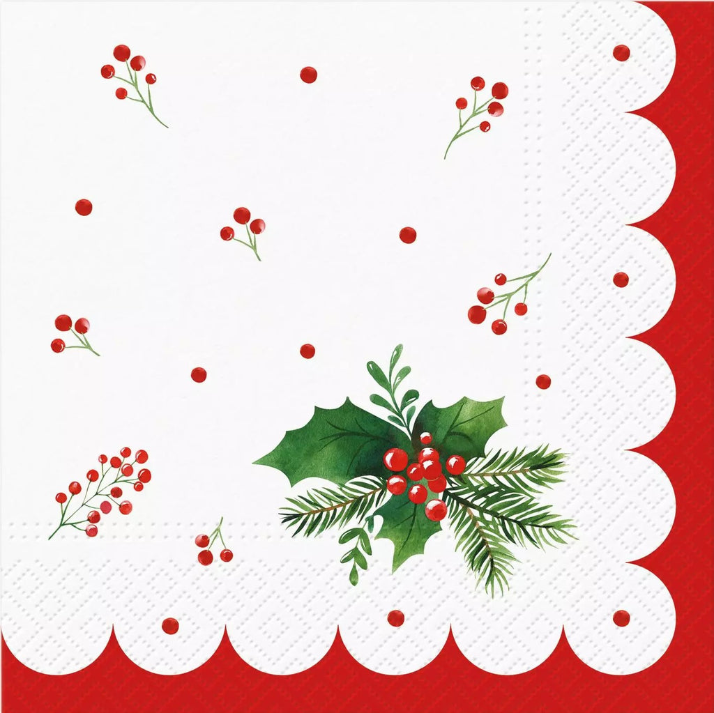 green poinsettia with red berries with scalloped red trim on whtie  Decoupage Napkins