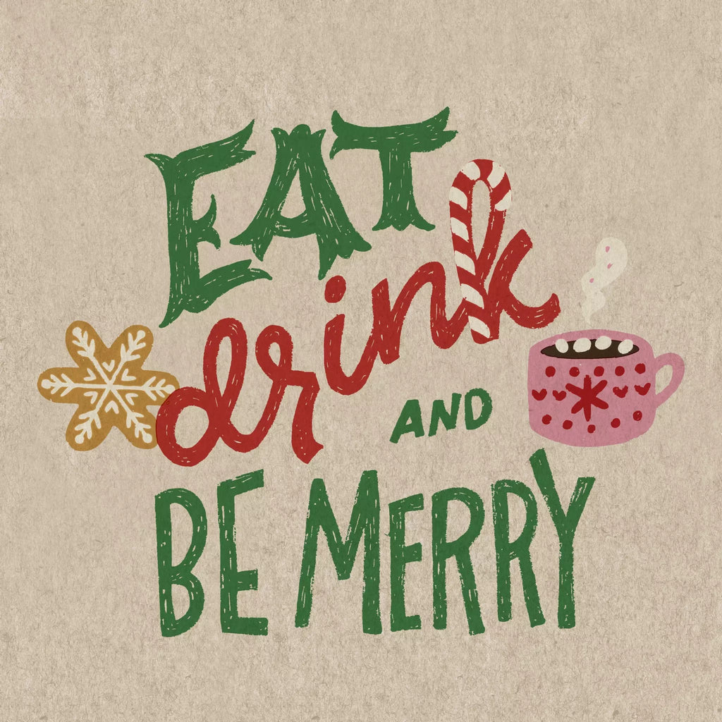 Eat drink and be merry in green and red with hot chocolate mug and gold snowflake on sepia Decoupage Napkins