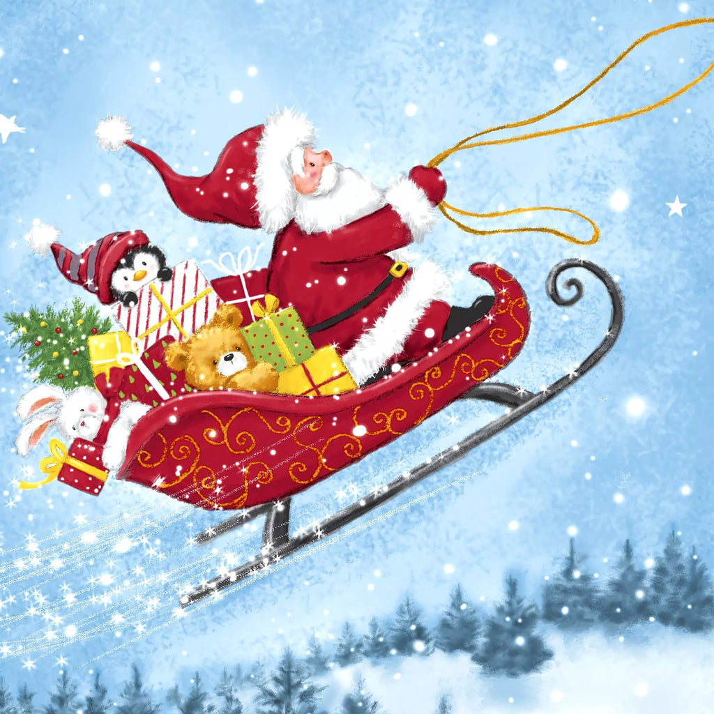 Santa in red sleigh filled with toys flying over trees in snow  Decoupage Napkins