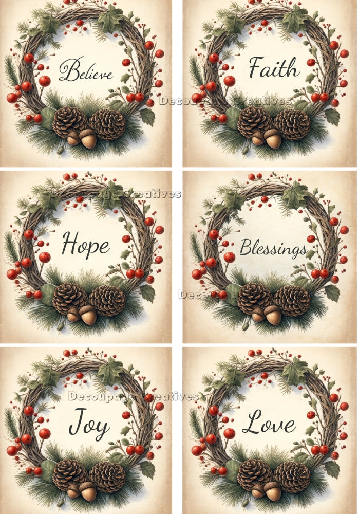 stick wreaths with red berries with affirmations Decoupage Creatives Rice Paper