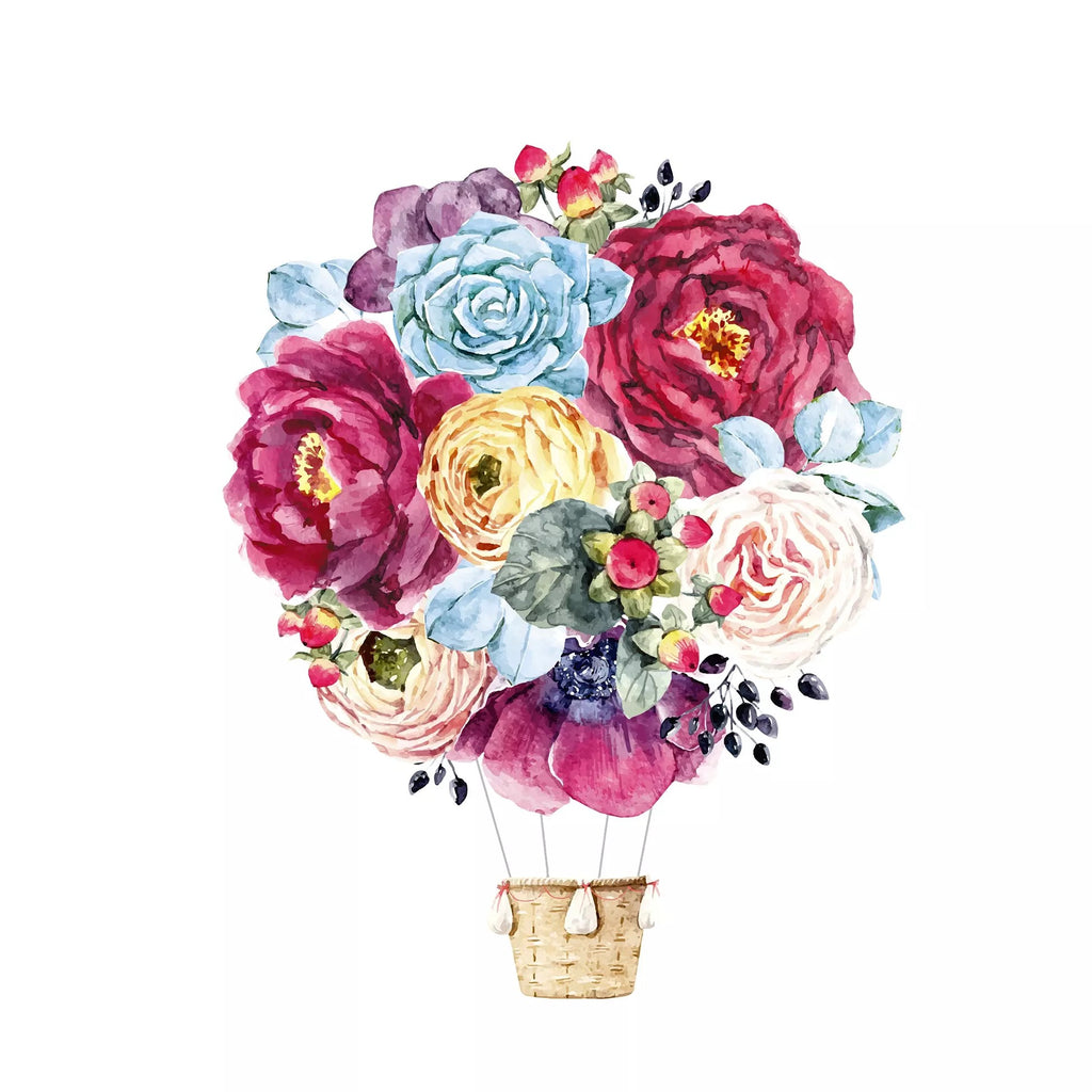 red blue white and purple blossoms in the shape of a  hot air balloon above a wicker basket on white  Decoupage Napkins