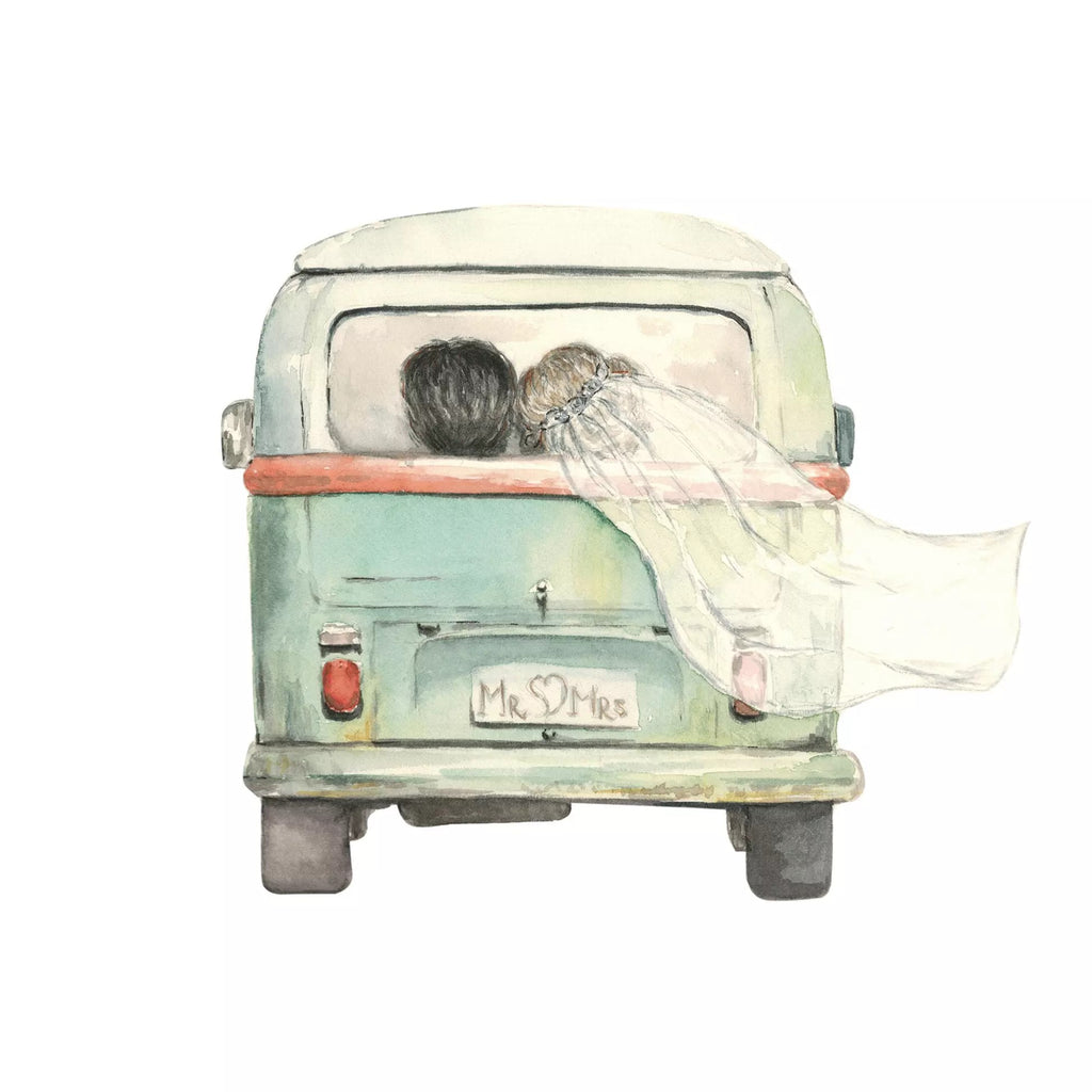 back of green van with Mr and Mrs on license plate with view of head of man and woman with white veil on white Decoupage Napkins