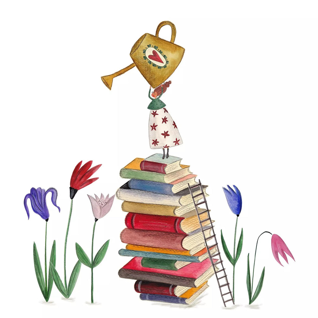 stack of red and yellow books with small woman holding gold watering can with red white and blue tulips Decoupage Napkins