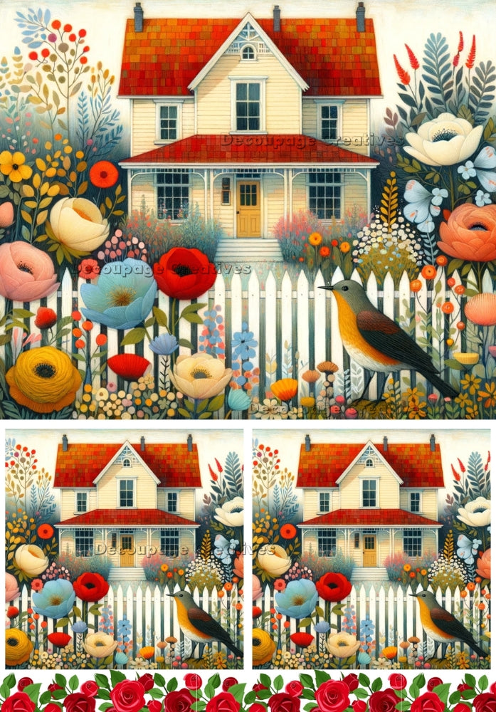 country house with red roof with pink , blue and yellow flowers with bird with white picket fence Decoupage Creatives Rice Paper