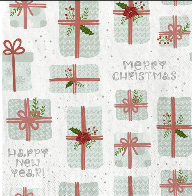 Green Christmas presents with red bows on white with Merry Christmas script  Decoupage Napkins
