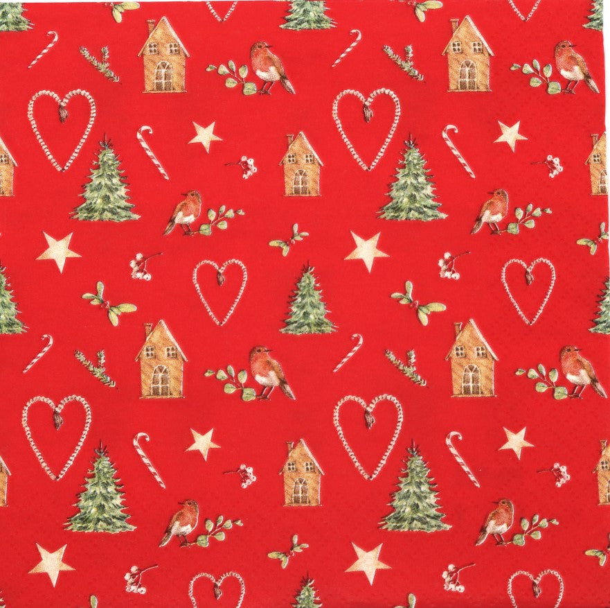 Christmas elements of wooden gingerbread house shapes green christmas trees candy canes and gold stars on red  Decoupage Napkins