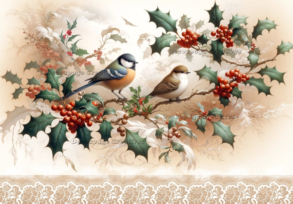 birds on a holly branch Decoupage Creatives Rice Paper