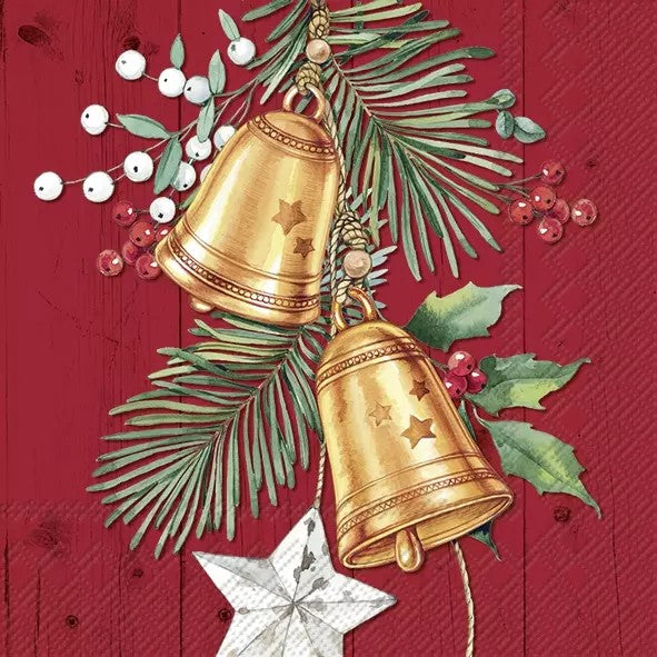 gold bells and green pine sprigs on red  Decoupage Napkins