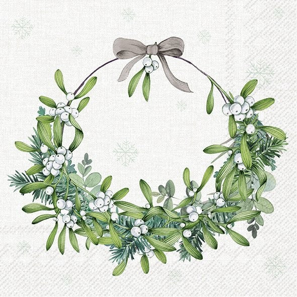 green wreath with white berries and gray bow on white  Decoupage Napkins