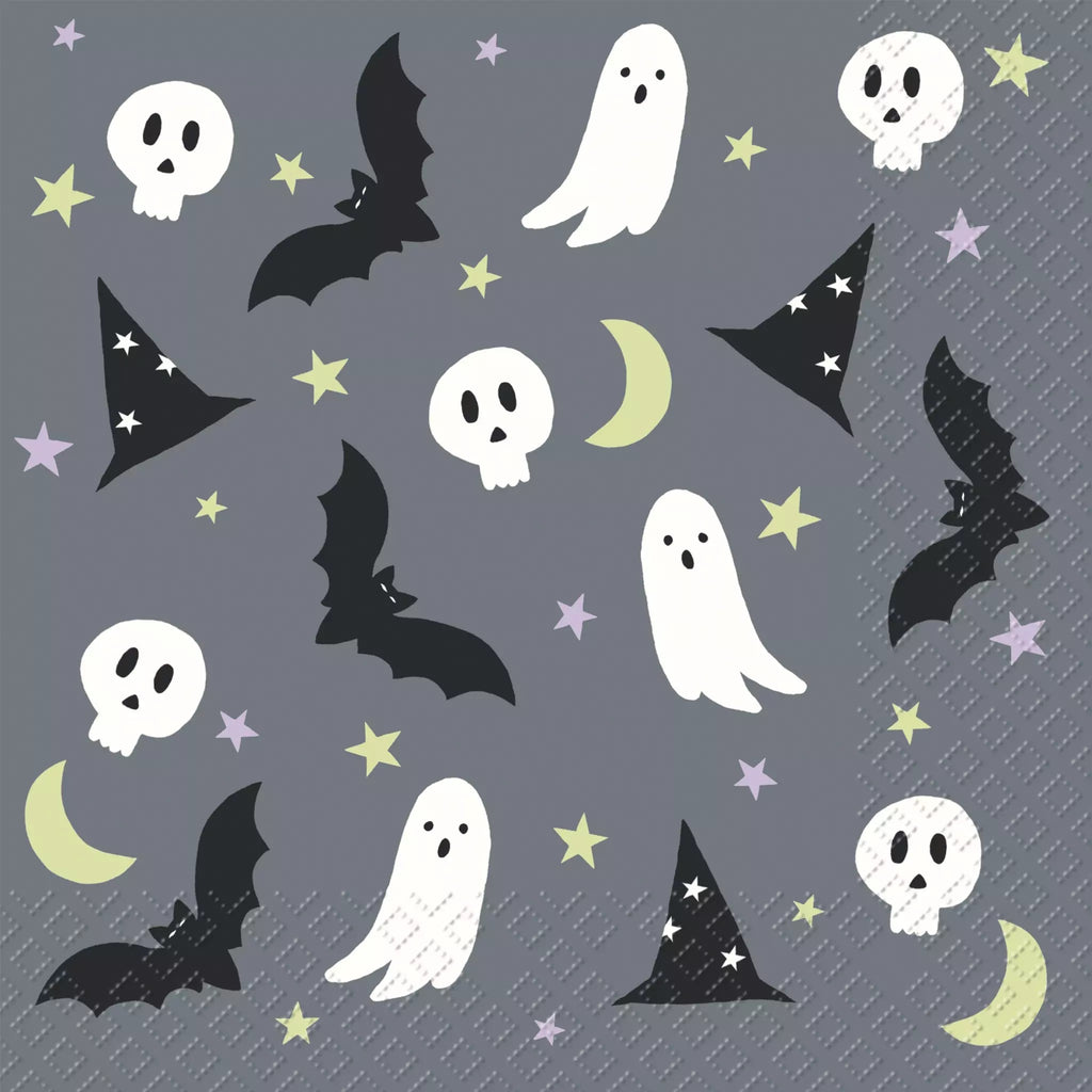 black bats white ghosts and yellow moons and stars on dark grey Decoupage Napkins