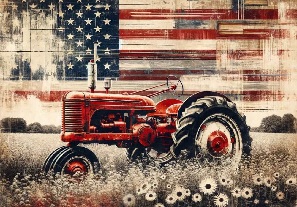 red tractor in field with background of grunge american flag