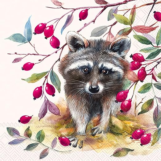 racoon branches with red berries  Decoupage Napkins