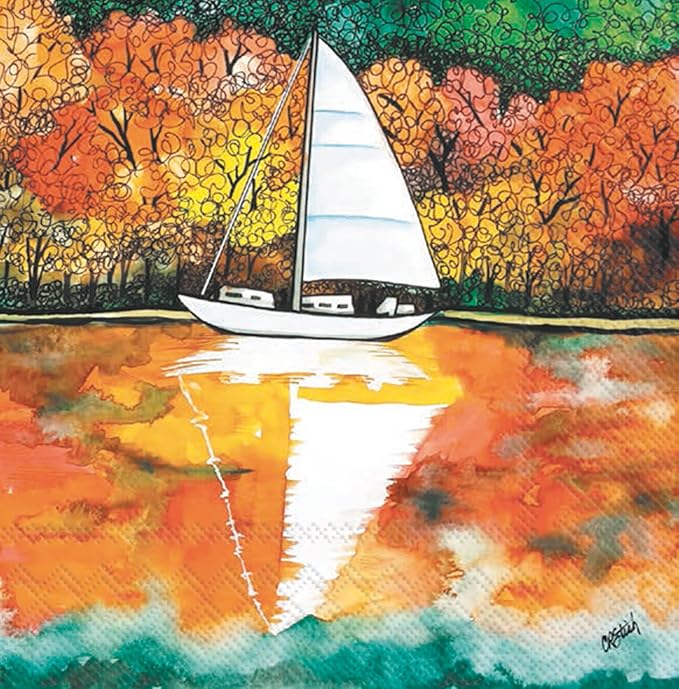 white boat on fall leaves sparkling on the lake  Decoupage Napkins