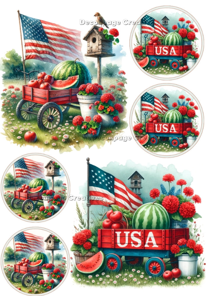red wagon with watermelon and the American flag Decoupage Creatives Rice Paper