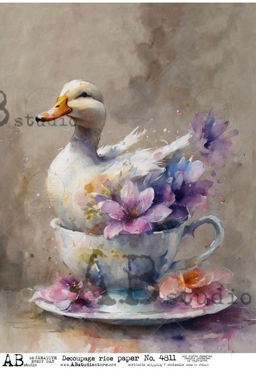 white duck in tea cup with purple flowers AB Studio Rice Papers
